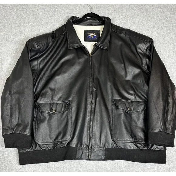 Falcon‎ Bay Leather Jacket Mens 6X Black Bomber American Flag Lining Big Tall